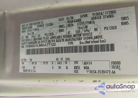 2006 Ford E-350 Super Duty Xl/Xlt из США, поврежденный, VIN 1FBSS31L86DA77122